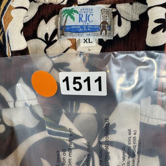 RJC Hawaiian Shirt Mens XL Bark Cloth Brown Hibiscus Surfboards Made in USA - Picture 11 of 11